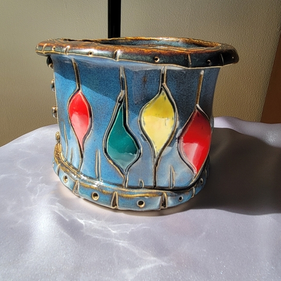 Rare Piece Vintage Handmade Decorative Bowl Signed Ceramic Pottery Blue Red Etc - Picture 4 of 11